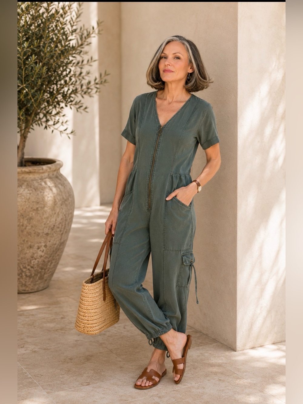 XCVI Naveen Jumpsuit S Silken Pine Pigment Zip Front Utility Cargo Boho